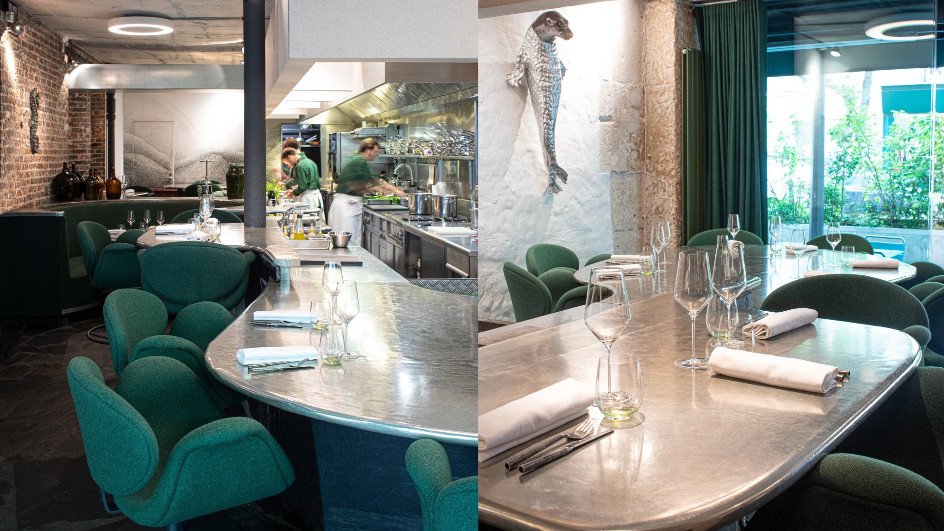 流線型的不鏽鋼吧檯和開放式廚房，讓賓客能直接欣賞到廚師們料理的過程。（ Photograph by Philippe Vaurès ）