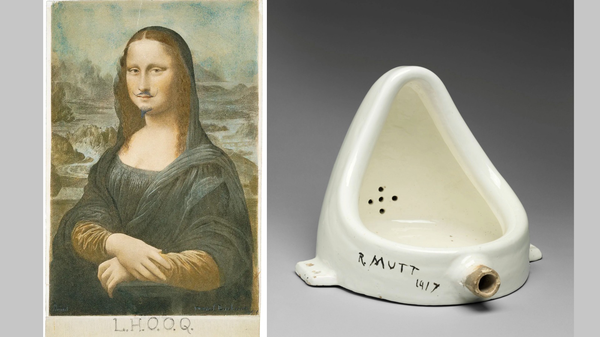（左）Marcel Duchamp, L.H.O.O.Q., 1919. Private Collection。（右）Marcel Duchamp, Fountain, 1950. Philadelphia Art Museum: 125th Anniversary Acquisition. Gift ( by exchange ) of Mrs. Herbert Cameron Morris