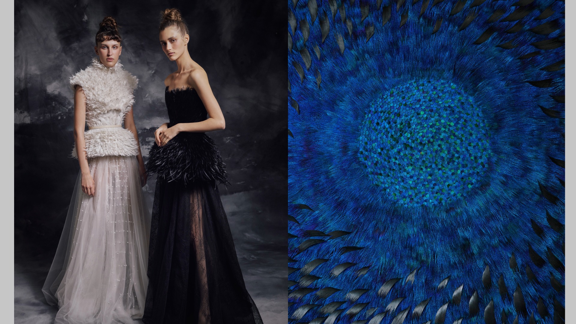 （左）凝聚法國各項最高工藝的訂製服， 羽毛工藝自然不會缺席，Vermeulen 相當享受每次跨足時尚界的挑戰，將其視為「材質遊戲」，並期許自己的成果隨科技發展持續變化。（右）在最新作品《 Black Argos 》中，Vermeulen 將孔雀羽毛螺旋圖樣鑲嵌於黑色火雞羽底色，中心的藍色眼眸象徵注視、保護與引領。© Vincent Leroux